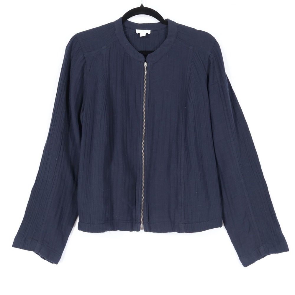 J. Jill Zip Front Gauze Jacket Women S Dark Blue Cotton Casual Coastal Chic
